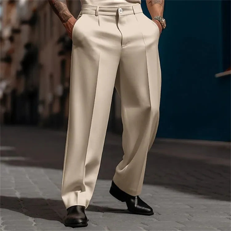 Men's straight solid colour suit trousers with diagonal pockets in khaki, on model, front view