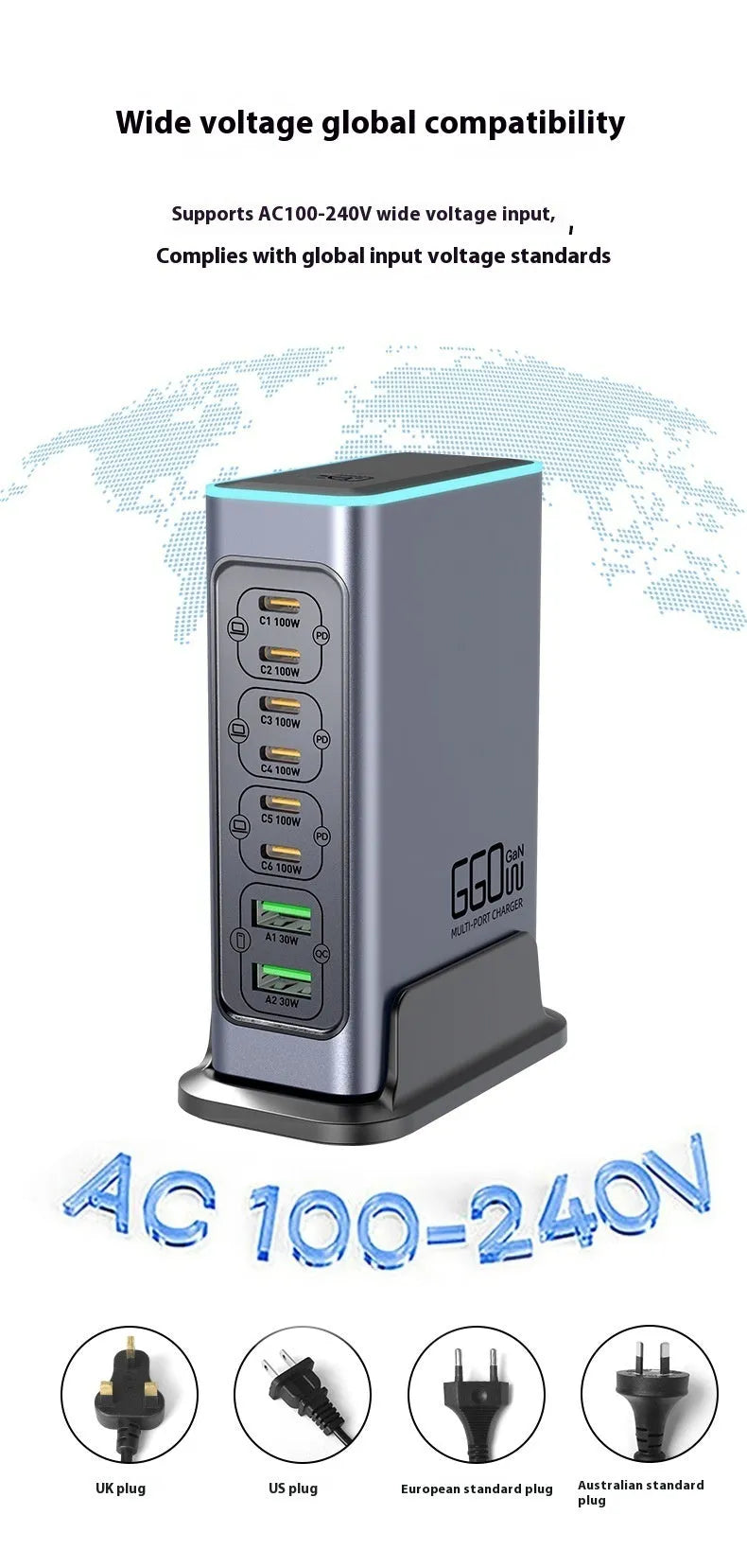 660W Gallium Nitride GaN fast charging head with US, UK, EU and AU plug adapters