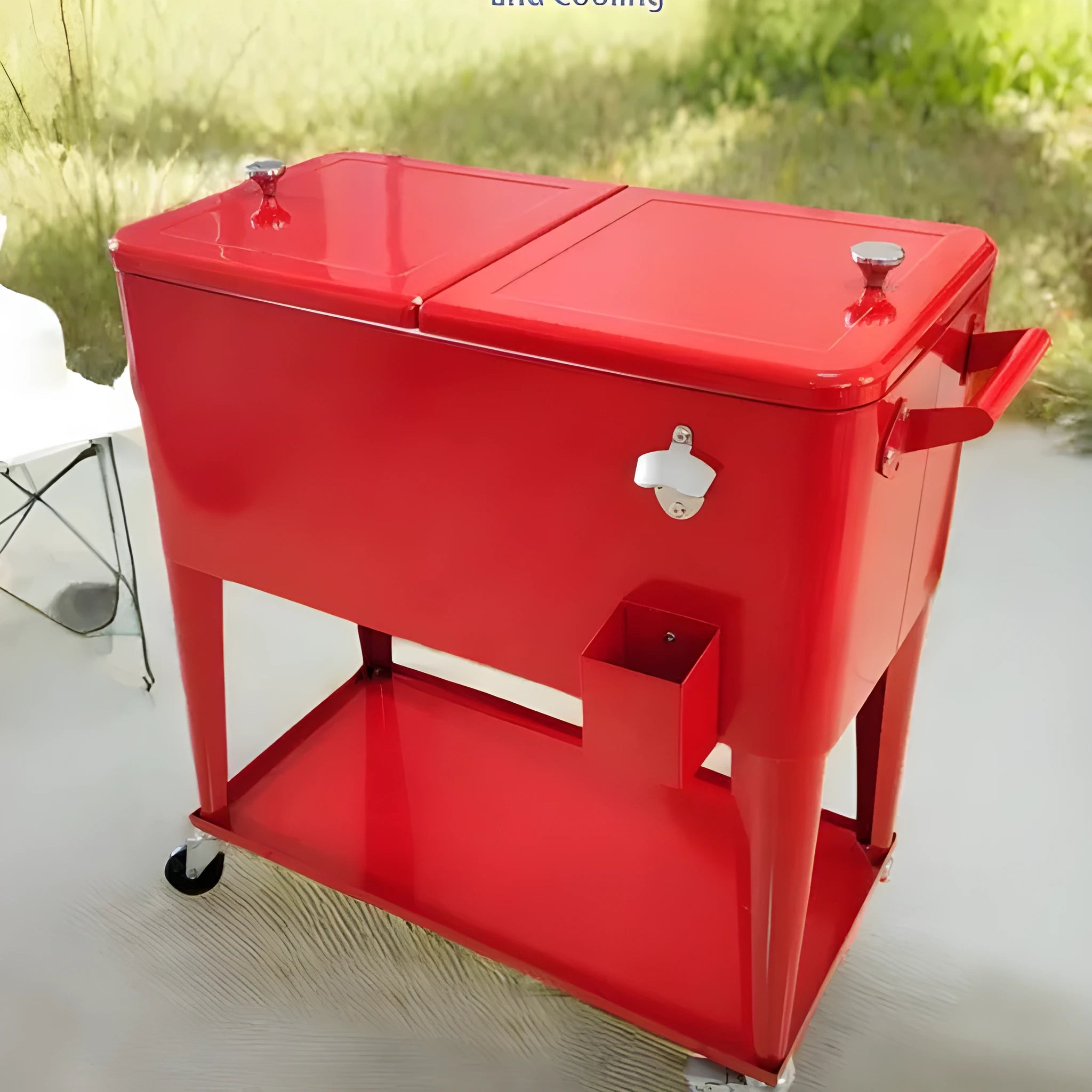 Red outdoor metal insulated catering trolley with 750ml capacity on grass