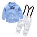 Boys blue Korean-style formal pants suit with long sleeves and a bow tie.
