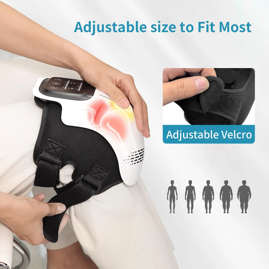 White intelligent electric knee massager with wrap-around design and USB cable