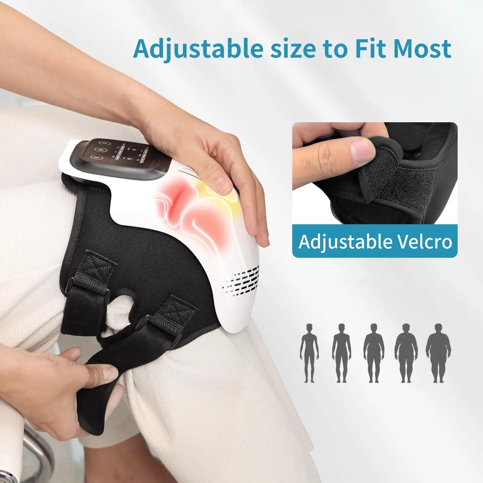 White intelligent electric knee massager with wrap-around design and USB cable