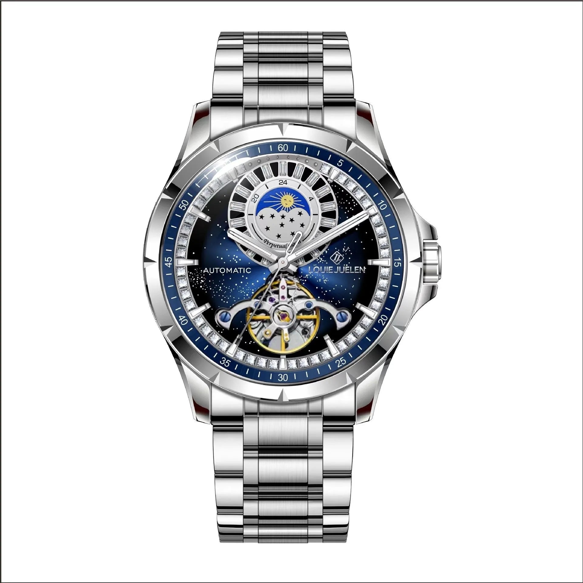 Men's silver and blue automatic waterproof mechanical watch with a stainless steel strap on a wrist