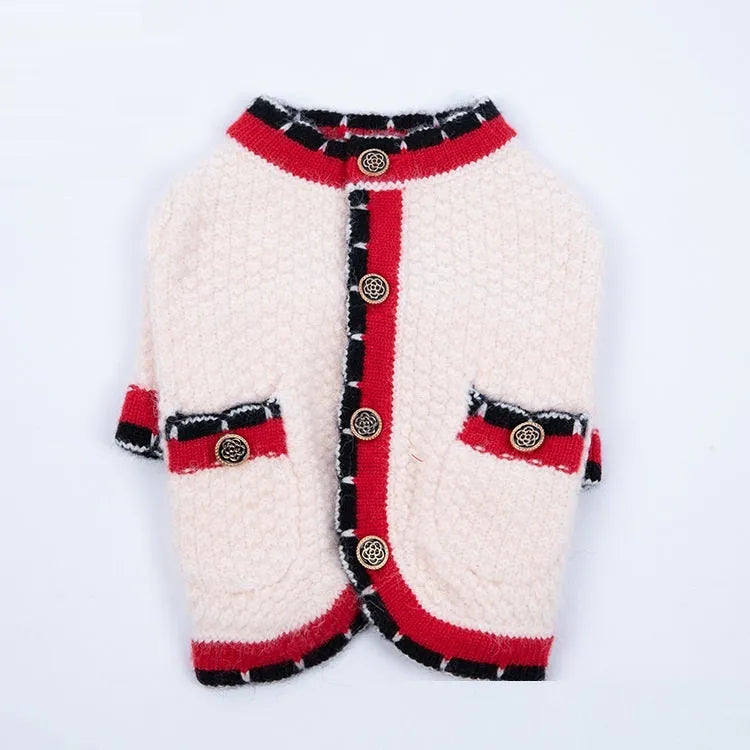 Blue Classic Princess style Wool cardigan sweater for a dog, showing cardigan opening and soft knit.
