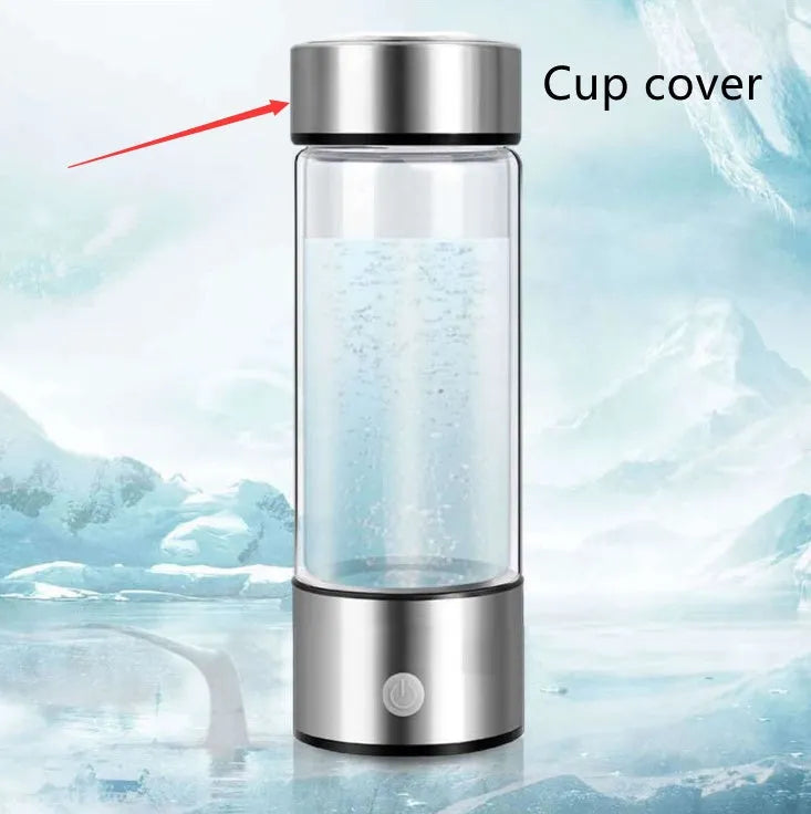 Silver hydrogen water cup with PC body, 420ml capacity, USB charging port, and titanium electrode