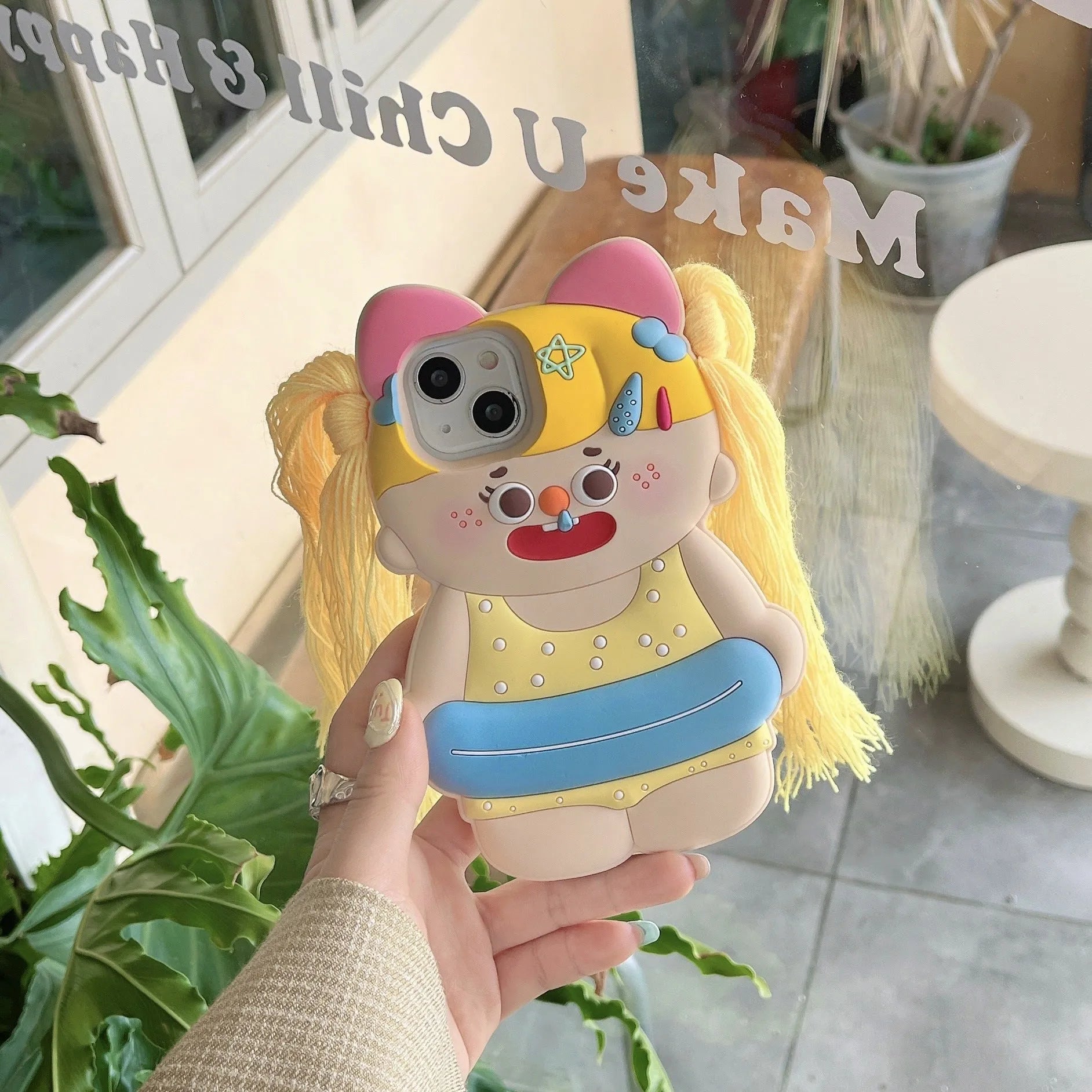 Cartoon yellow braid swim ring girl silicone phone case for iPhone, anti-fall protective cover