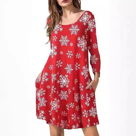 Women's printed T-shirt dress A-line midi pullover with 3D stereo pattern in Christmas Red colour