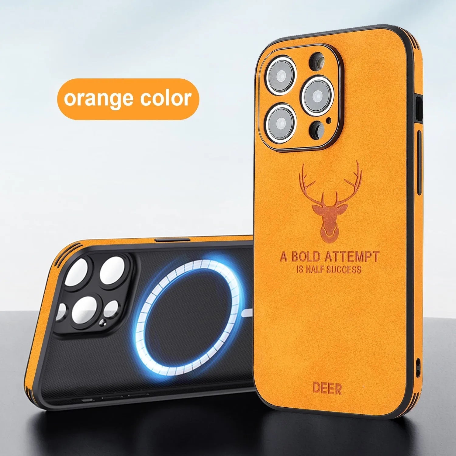 iPhone 16 magnetic charging case with embossed moose head design in imitation leather material