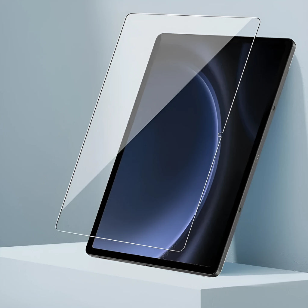 Tempered glass screen protector for Samsung tablets in a cattle leather pouch.