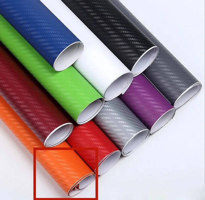 Roll of 3D carbon fibre pattern vinyl sticker for cars, showing multiple colour options.