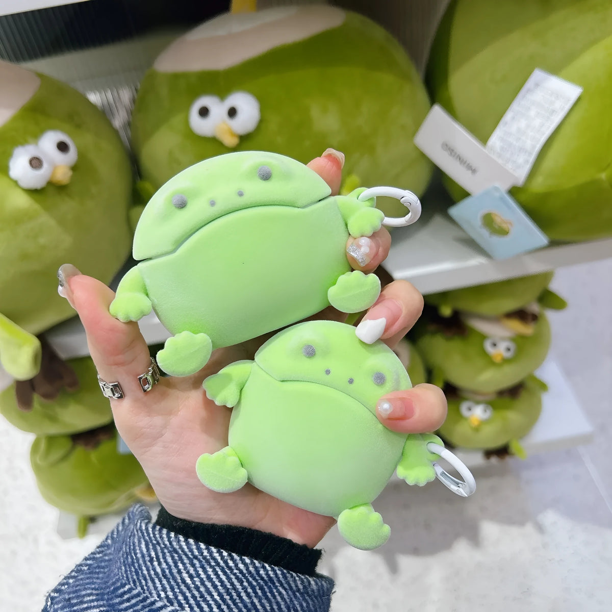 Flocking frog protective cover for AirPods with embossed TPU finish and lanyard in cartoon style