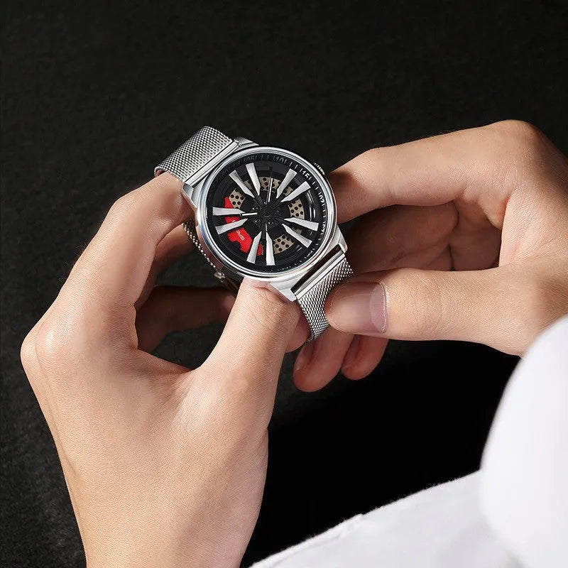 Men's creative cool rotating wheel quartz watch with 44mm dial, mineral glass, and alloy case on a blue mesh strap