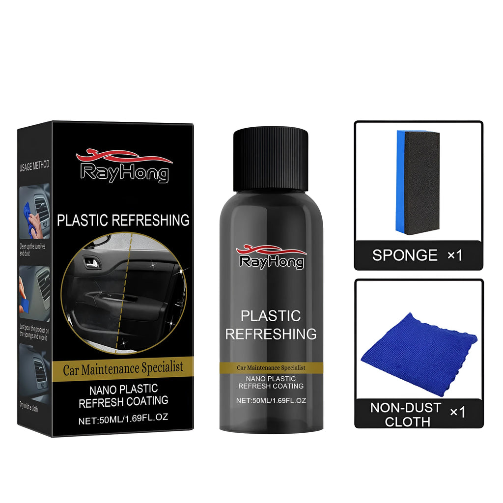 Nano plastic restoration kit with 50ml bottle, application sponge, and microfiber cloth for car trim