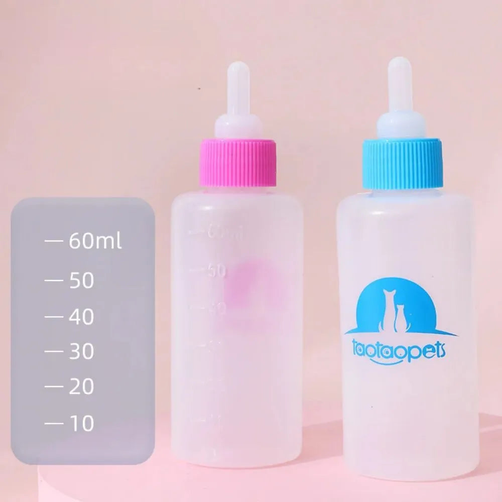 Four pet milk bottles in yellow, pink, blue, and green with a cleaning brush on a white background