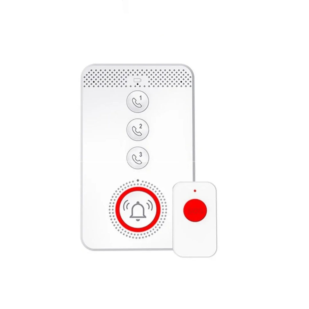 White elderly emergency alert device showing a buzzer base unit and three small wireless panic buttons.