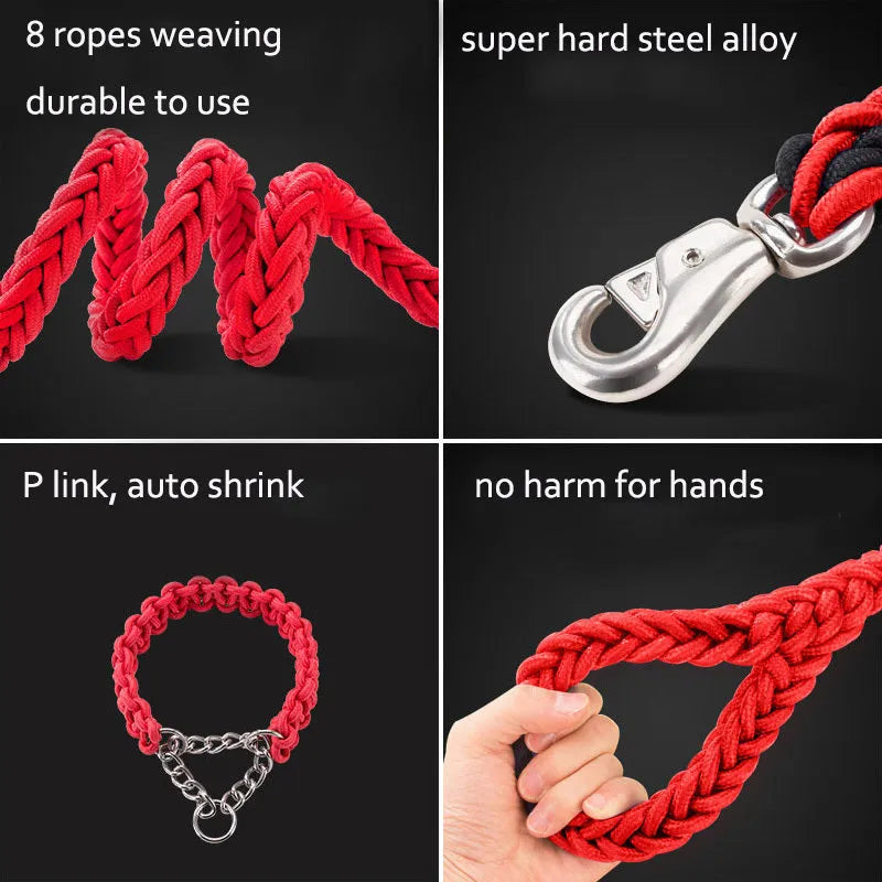 Heavy duty nylon braided dog collar and leash set in black, with 360-degree rotatable hook, for training and walking large dogs.