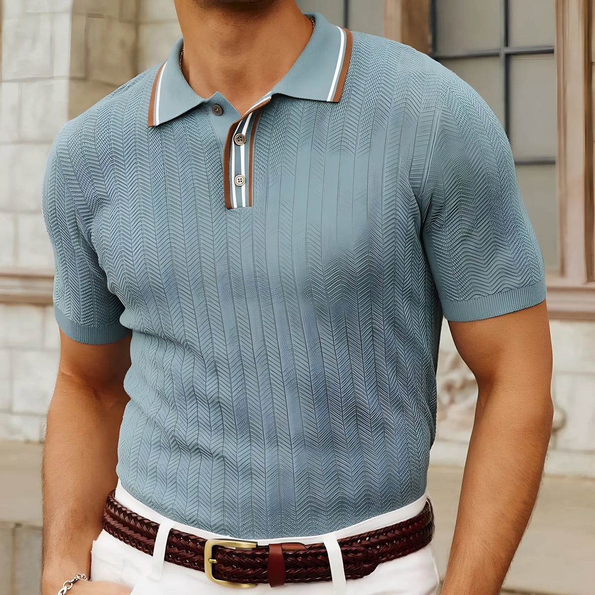 Men's solid colour short sleeve Tencel sweater in light blue, regular fit, flocked texture