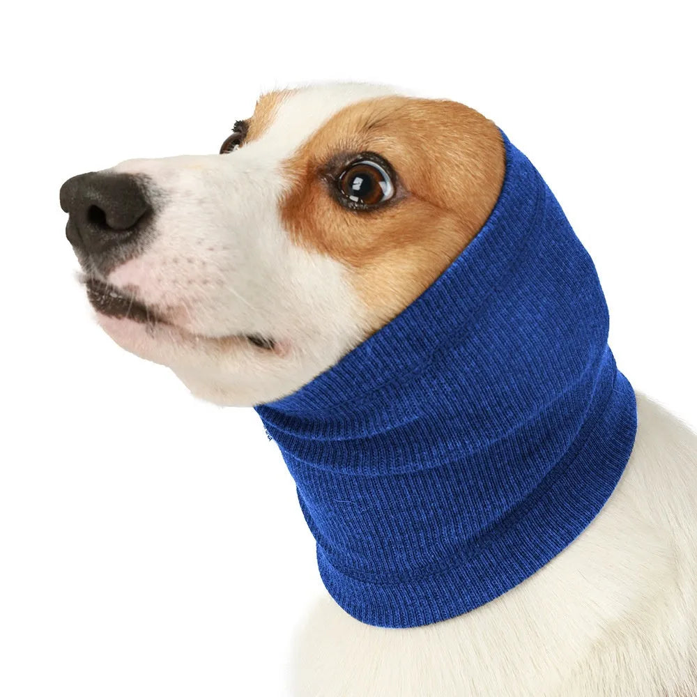 Blue and grey polyester dog comforter headband scarf shown in small, medium, and large sizes