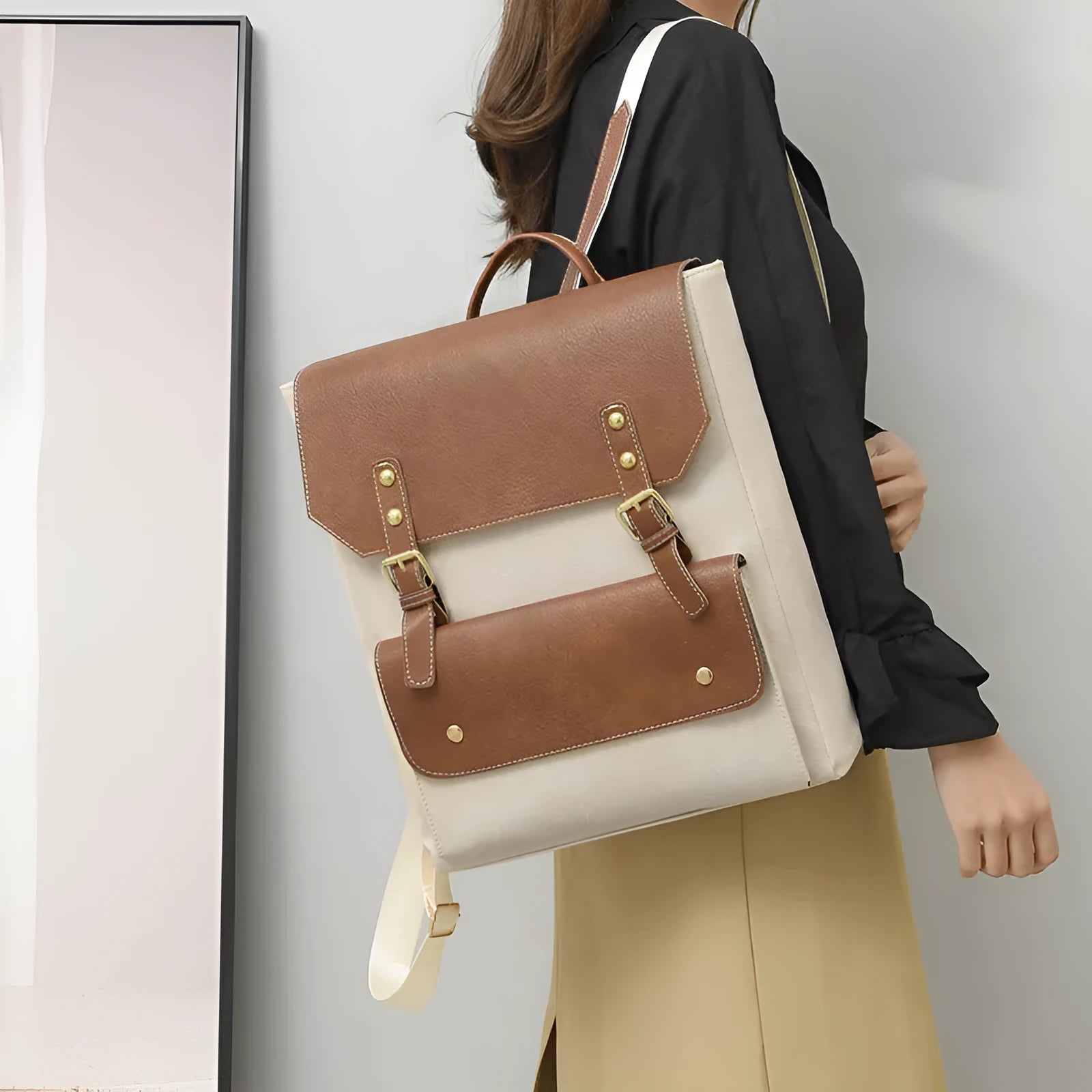 Korean retro style backpack in soft PU material with vintage design details