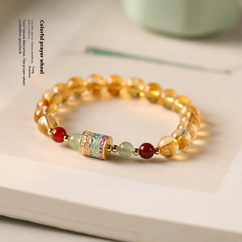Yellow citrine bracelet with 8mm prayer wheel charm and round beads, retro women's jewellery.