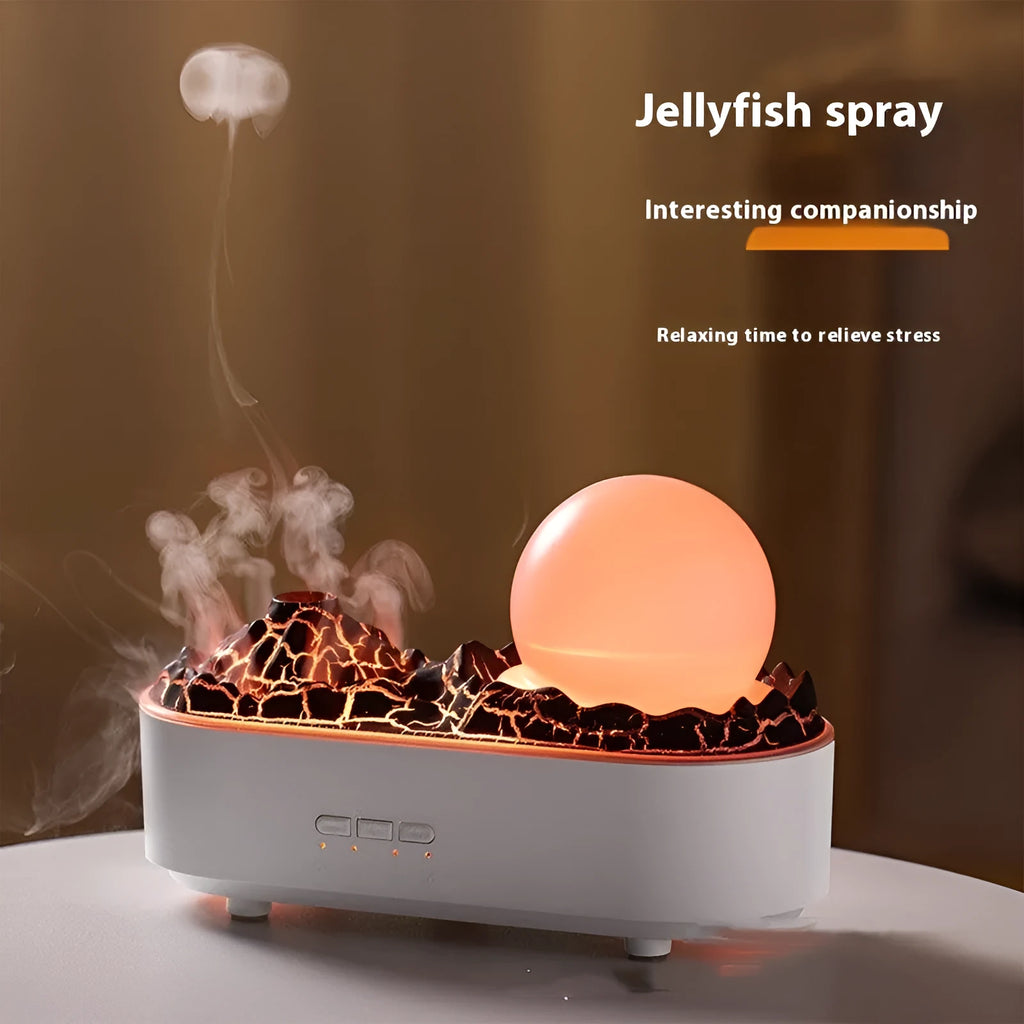 White volcano-shaped desktop humidifier with USB cable