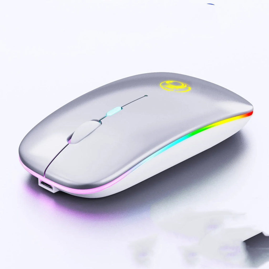Black and white luminous charging silent wireless mouse on a desk with adjustable DPI and Bluetooth connectivity.