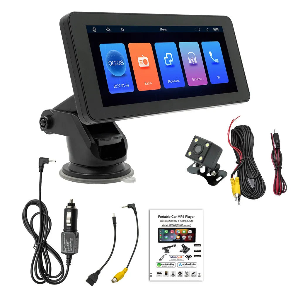 Portable wireless car video player with 6.86-inch IPS screen mounted in vehicle