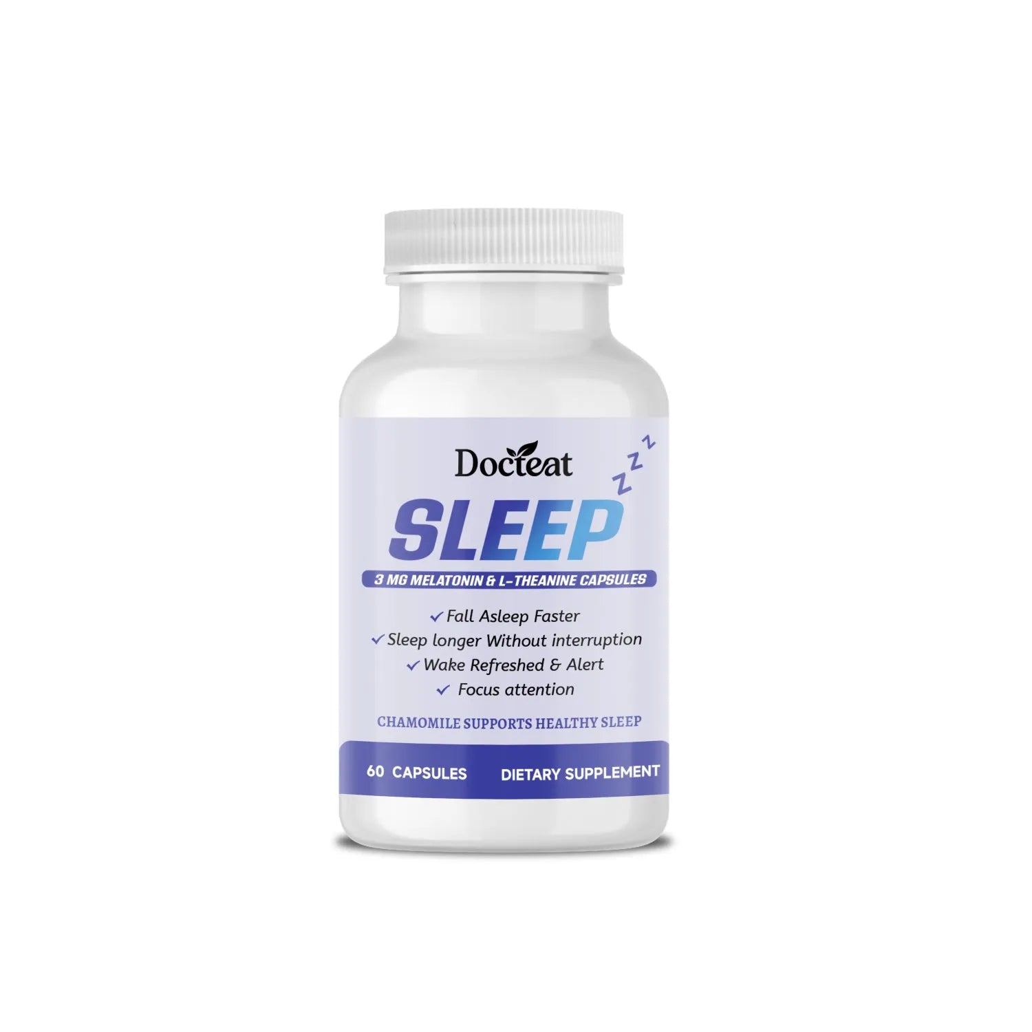 Bottle of sleep support capsules with L-theanine and melatonin, 60 capsules.