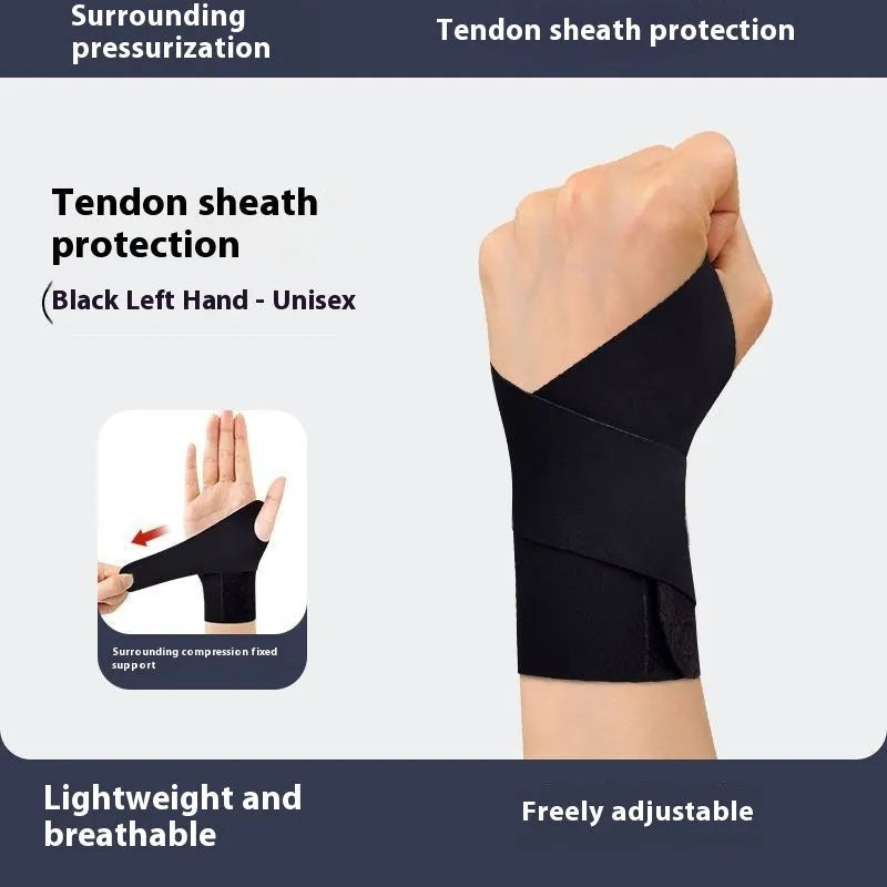 Adjustable black athletic wristguard shown on a wrist, demonstrating its thin, breathable design for sports.