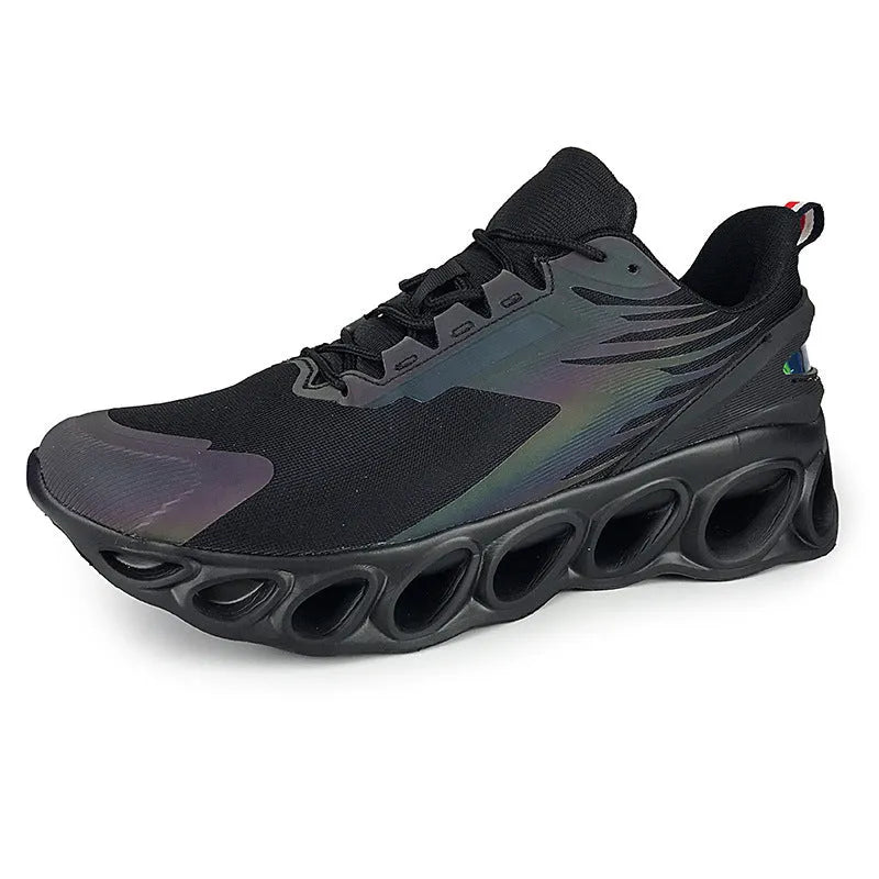 Men's low-top casual mesh trainers in black with lace-up front and round toe on a white background.