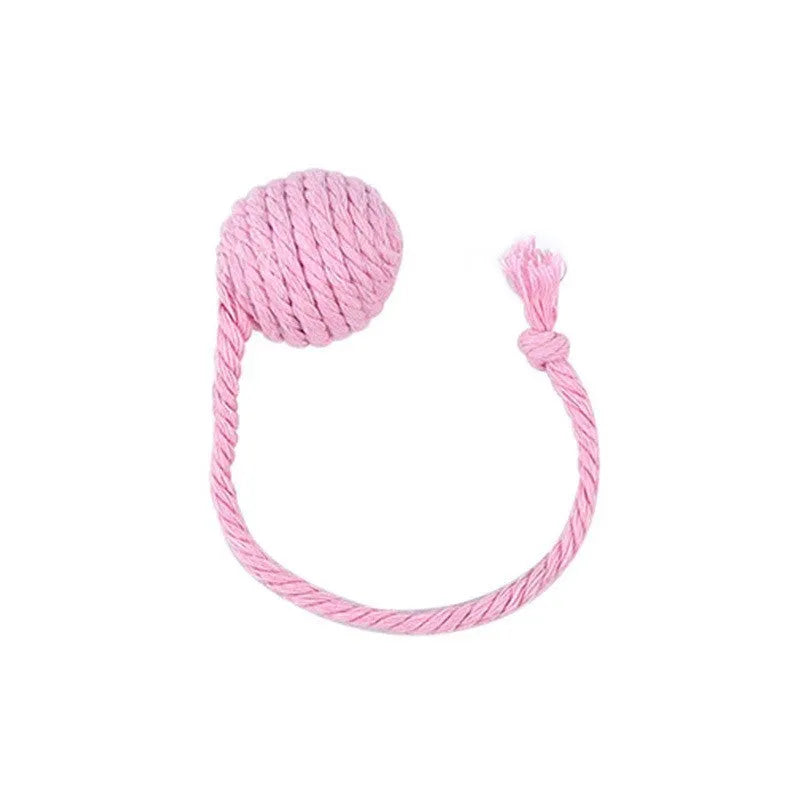 Cat toy ball with rope attached in green, pink, purple or yellow colour with internal bell