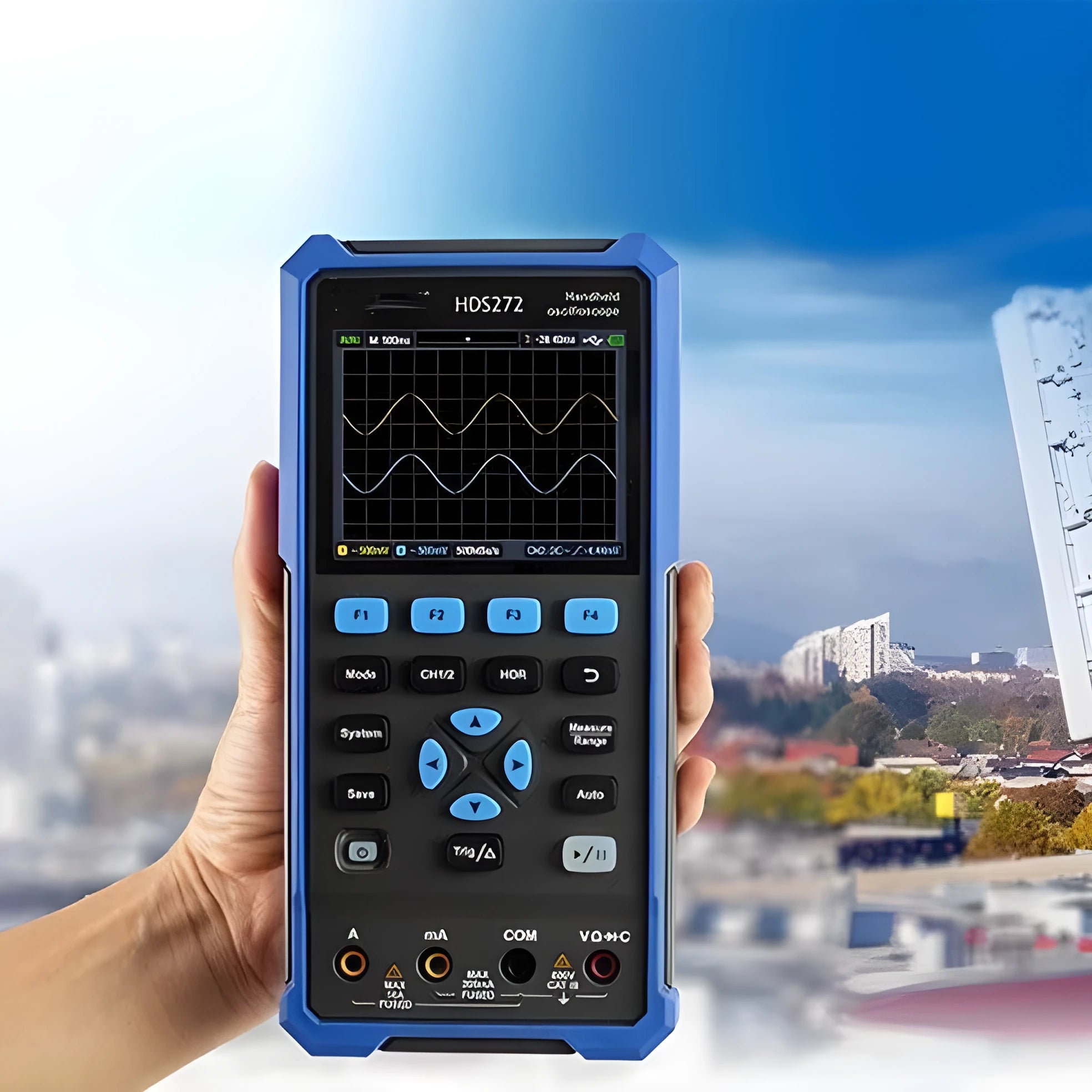 Handheld digital oscilloscope with probe and accessories for automotive electrical testing