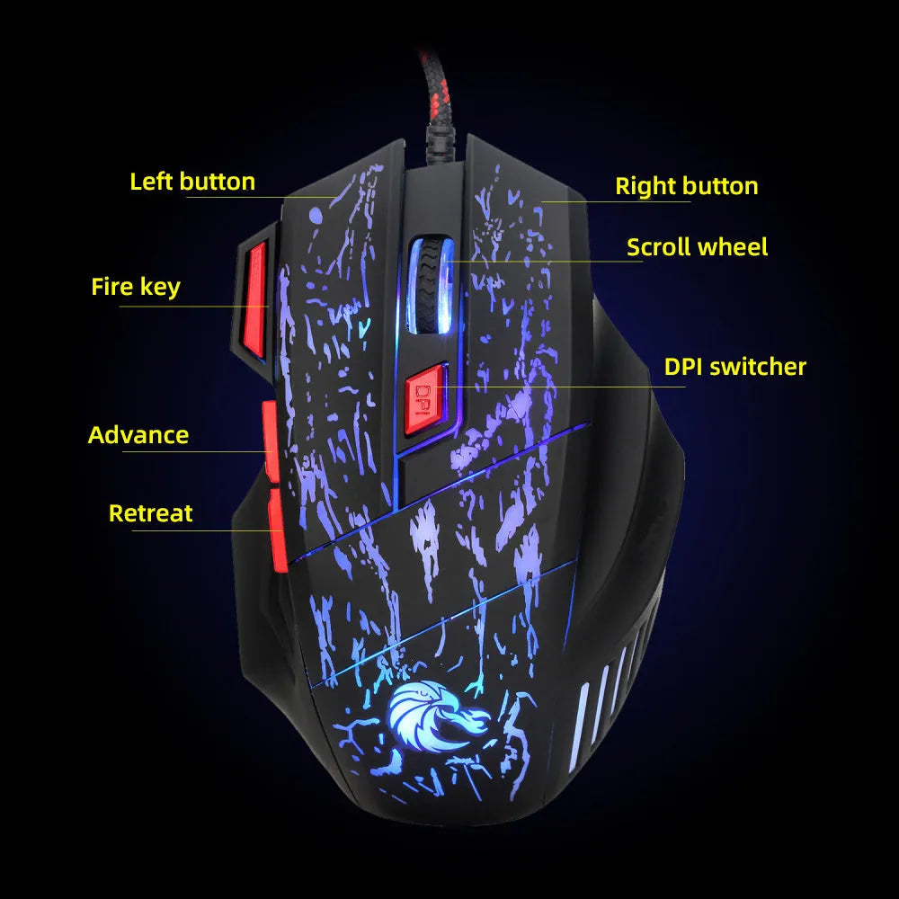 H300BK colour wired gaming mouse with luminous LED lighting effects showing USB cable connection