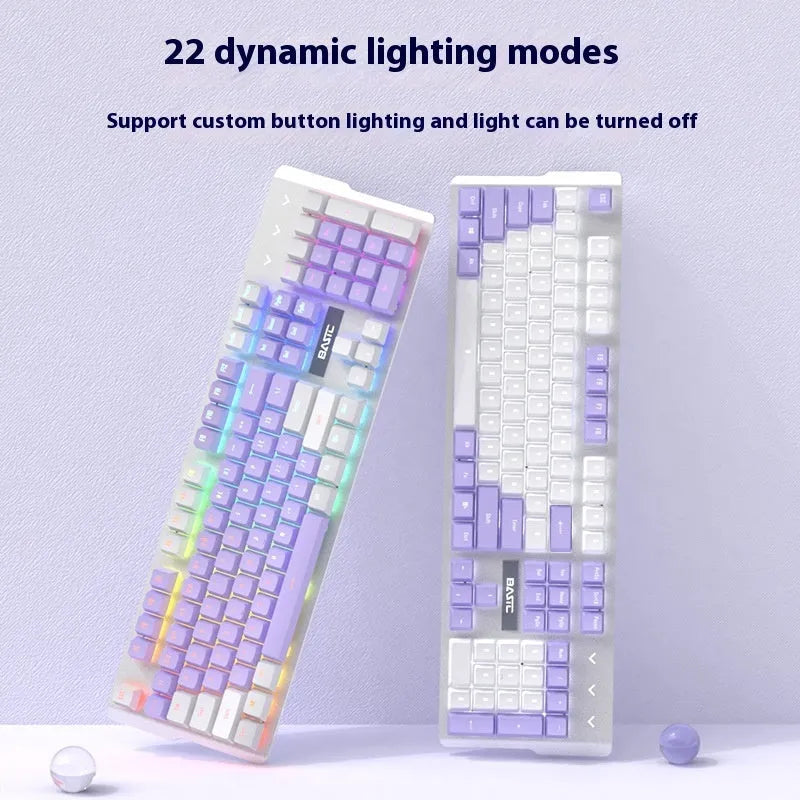 Purple and white mechanical keyboard and mouse suit set with backlight illumination