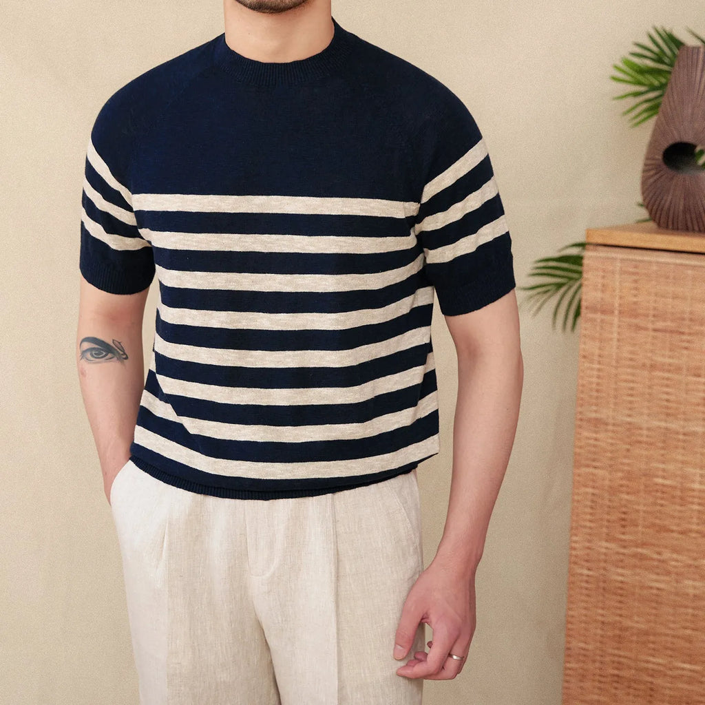 Men's linen cotton blend striped t-shirt with short sleeves and round neck in multiple colour options