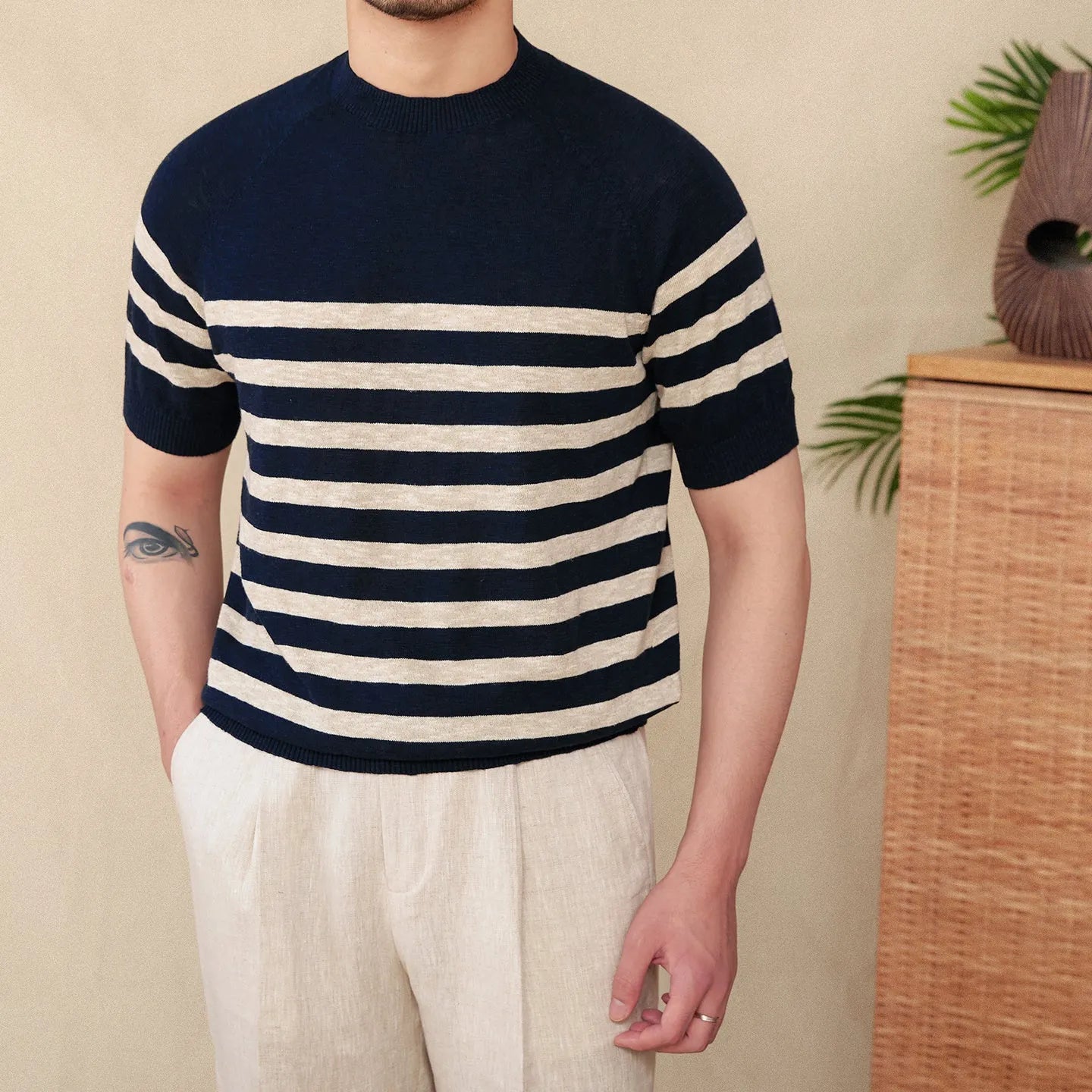 Men's linen cotton blend striped t-shirt with short sleeves and round neck in multiple colour options