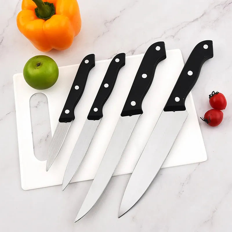 Stainless steel knife and A-style black cutting board set with 17.5 cm blade