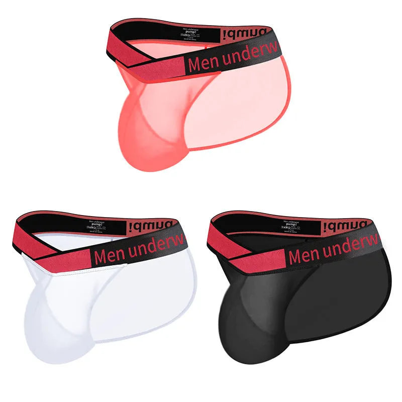 Men's black nylon briefs showing low waist and large V gradient high fork design