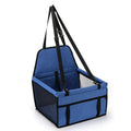 Foldable pet safety seat car bag in black Oxford cloth on a car seat with safety tether visible