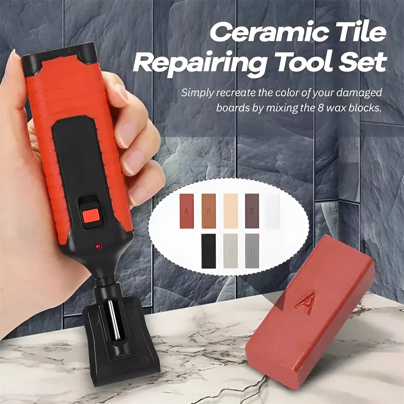 DIY floor and furniture repair kit with red handle and coloured wax sticks on a tile surface.