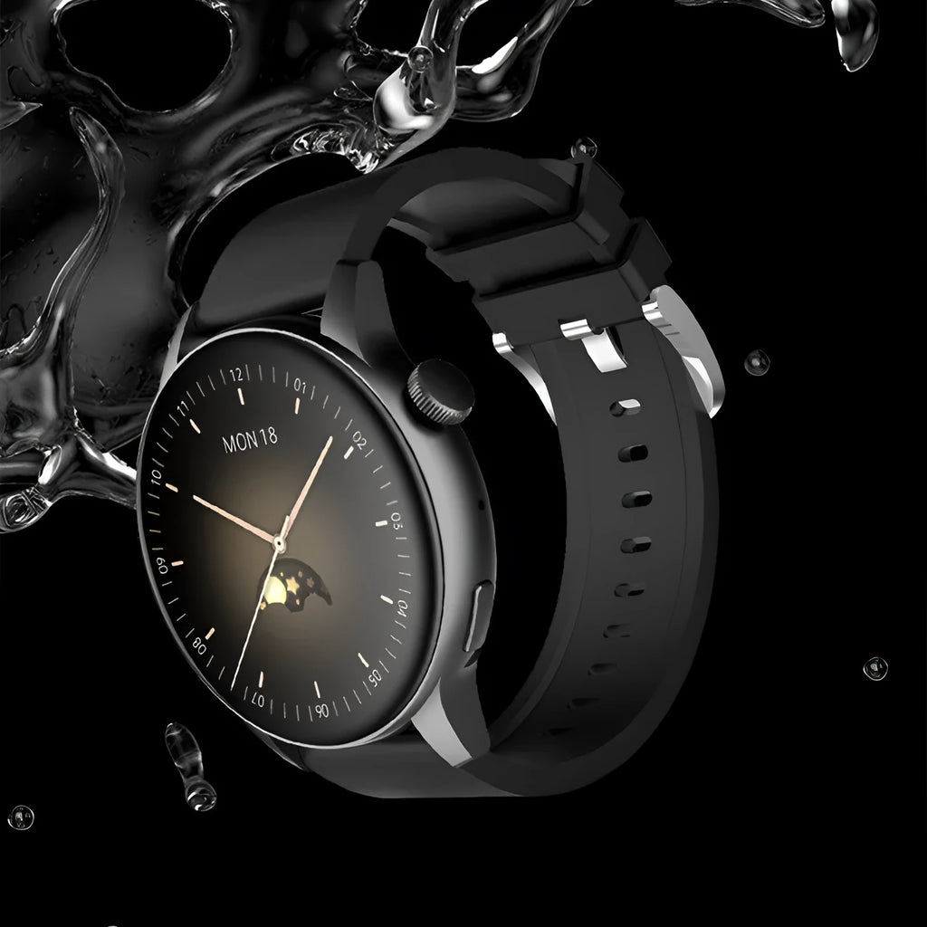 Smart watch with round colour screen in black, pink, or silver stainless steel case.