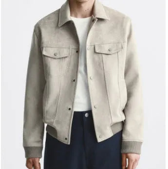 British style suede velvet commuter jacket in light grey or mink colours with long sleeves