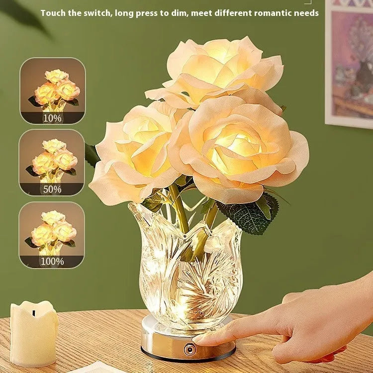 Crystal flowers table lamp with touch dimming control on bedside table