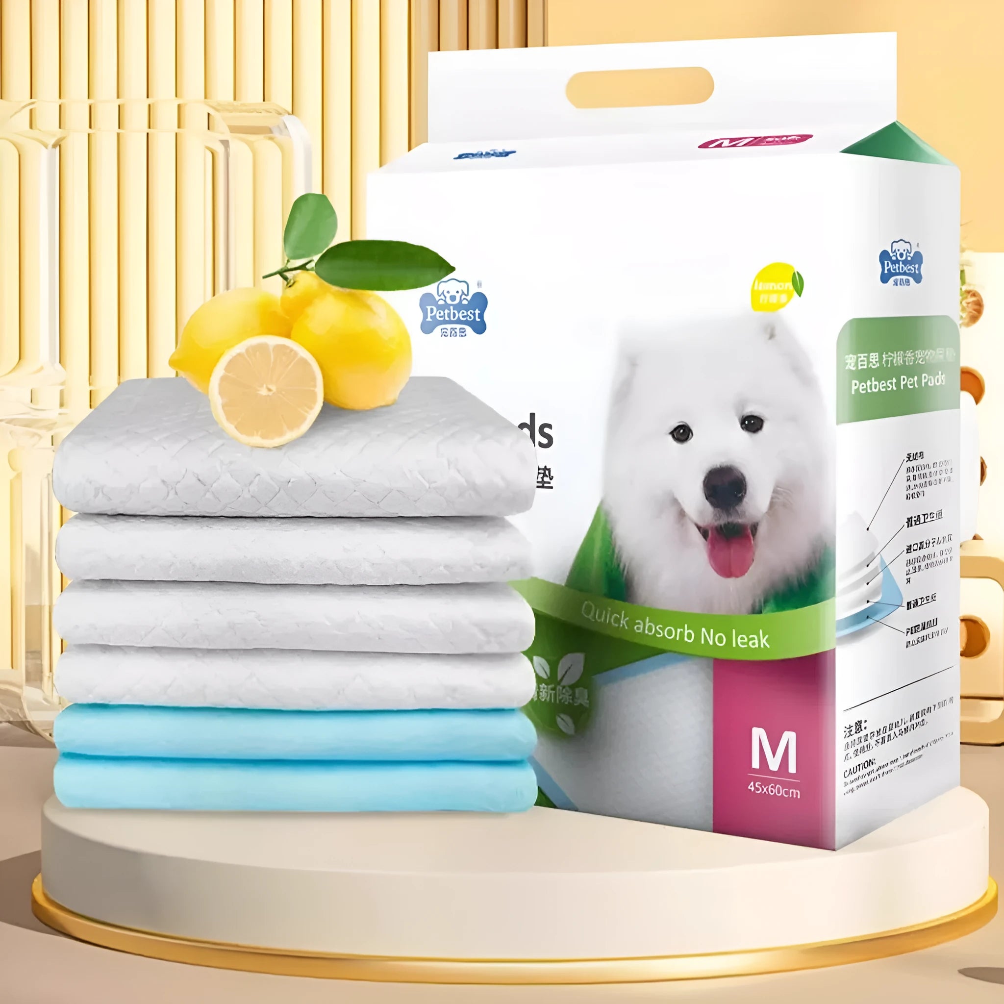 Pack of thickened adhesive dog urine pads showing size comparison and lemon scent or bamboo charcoal variants