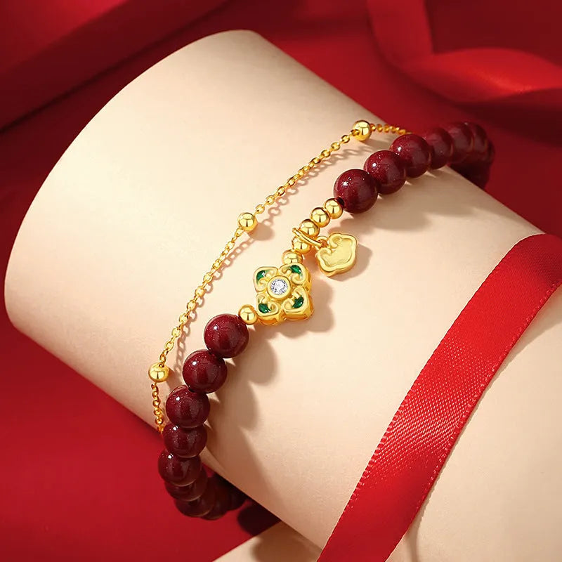 Women's sterling silver bracelet with Ruyi, Xiangyun and cinnabar flower design in colour S0495