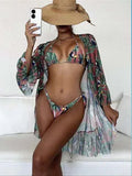 Green tropical triangle bikini set with kimono cover-up, polyester, quick-dry, high elasticity, sizes S to XL