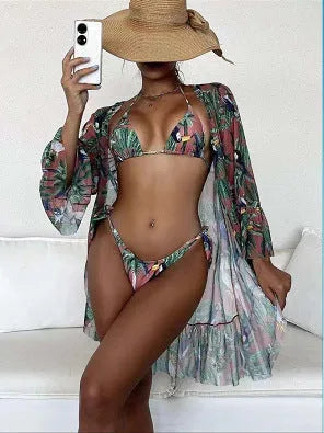 Green tropical triangle bikini set with kimono cover-up, polyester, quick-dry, high elasticity, sizes S to XL