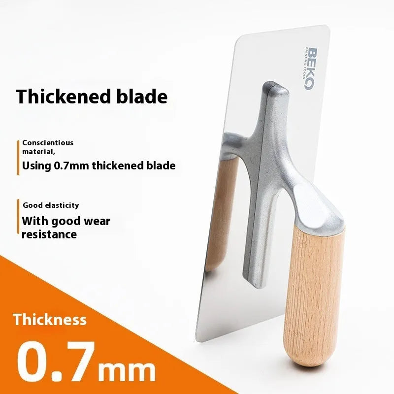 Stainless steel putty scraper with wooden handle shown in three different blade sizes for cement and tile work.