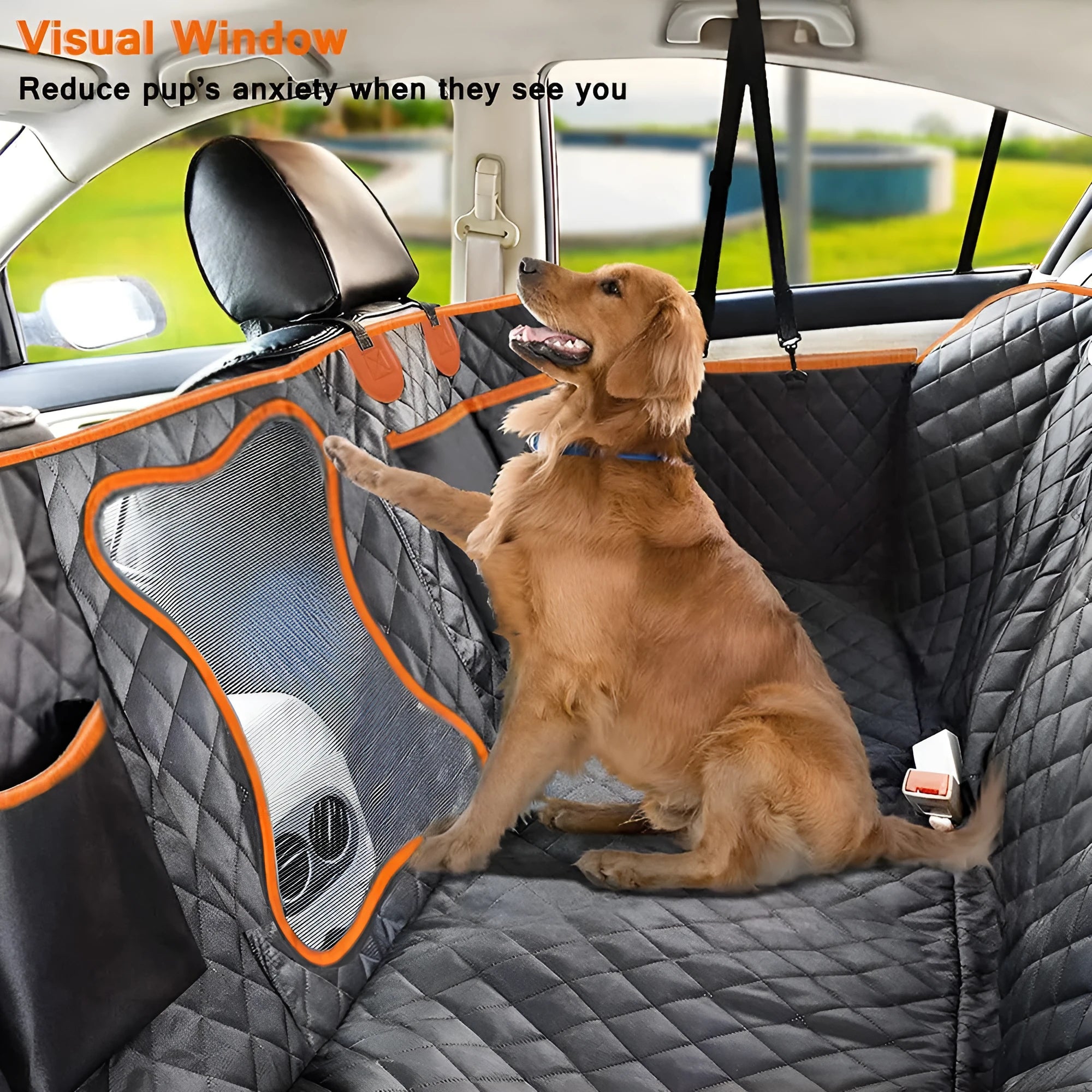 Black waterproof pet mat for car rear seats with orange trim, shown laid flat on a seat