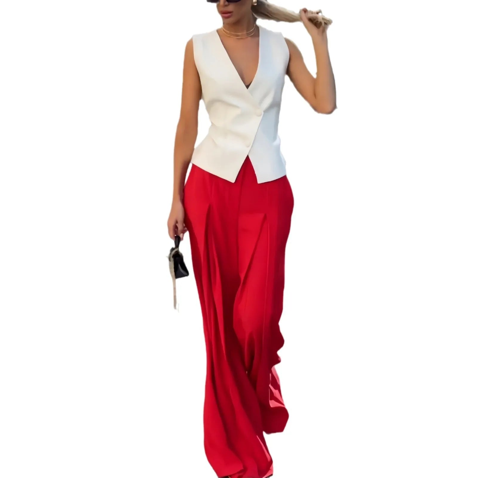 Women's deep V-neck sleeveless top and high waist wide leg pants two-piece set in beige polyester